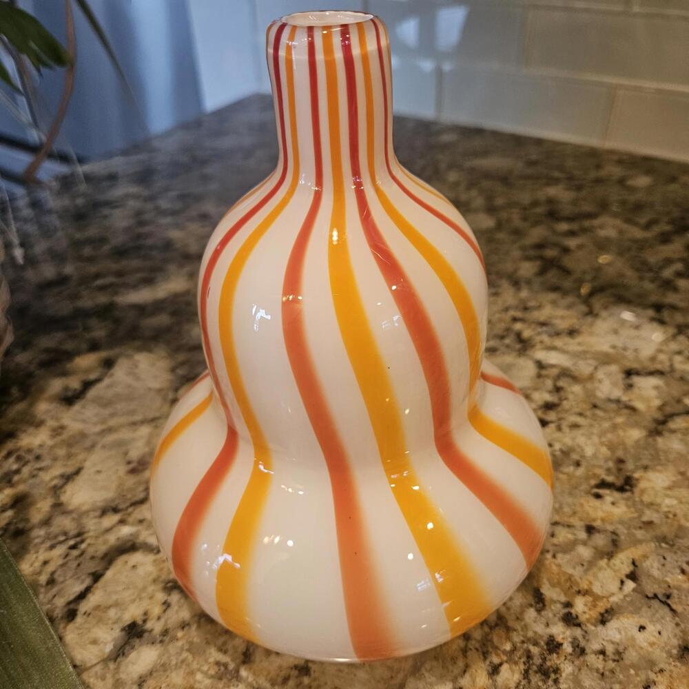 Vintage Orange Striped Handblown Murano Style Italian Art Glass Gourd Vase - Picture 2 of 6